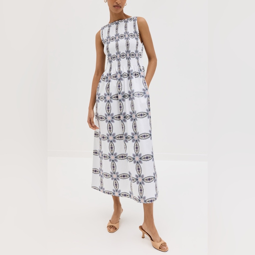 Hill House White Midi Dress with Blue Tile Print